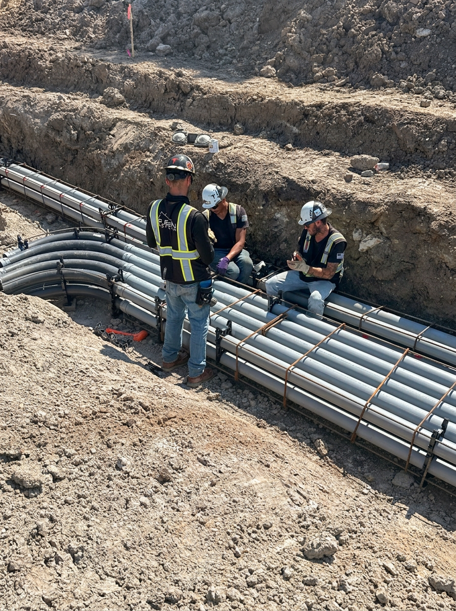 Rueben Group crew installing PVC conduits and rebar in an open duct bank trench