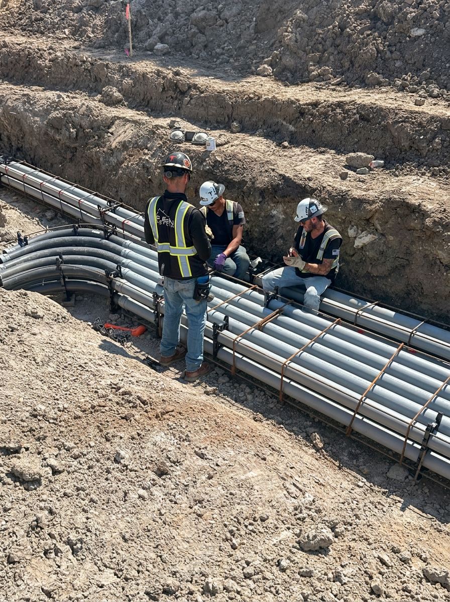 Rueben Group crew installing PVC conduits and rebar in an open duct bank trench