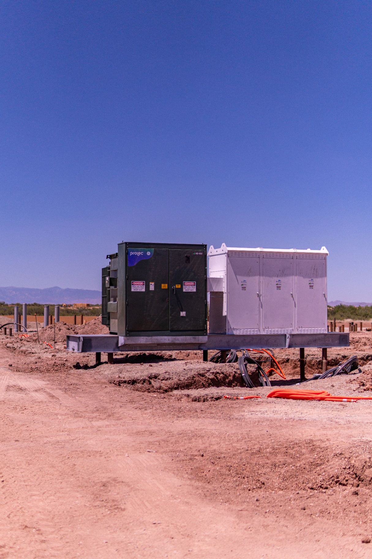 Transformer and switchgear on fabricated steel pile cap foundation in desert site