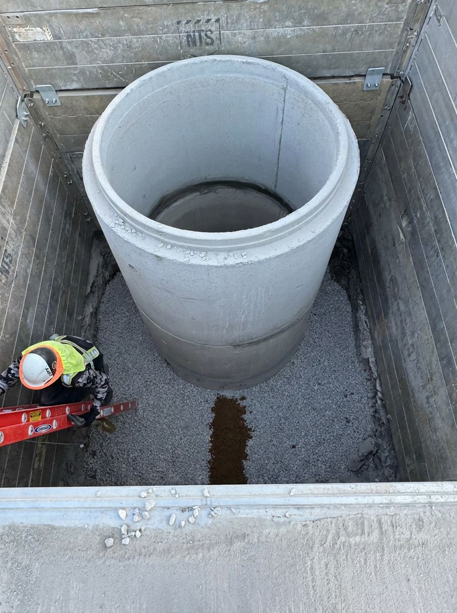 Crew setting precast concrete manhole base in shored trench on underground utility install