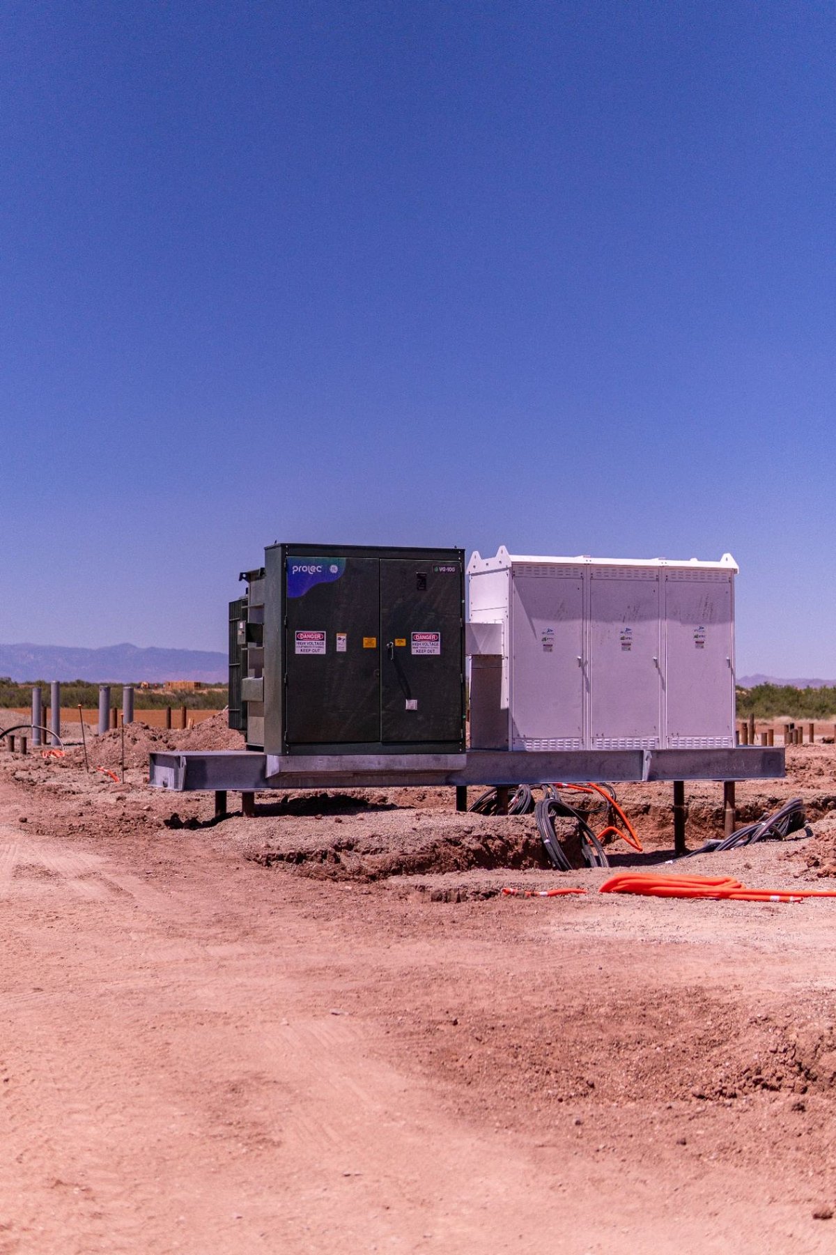 Transformer and switchgear on fabricated steel pile cap foundation in desert site